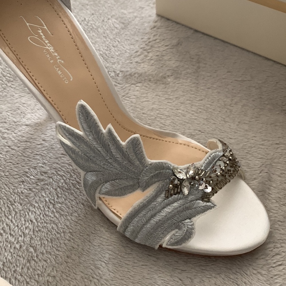 Vince Camuto Imagine Silver Satin Embroidered Jeweled Heels